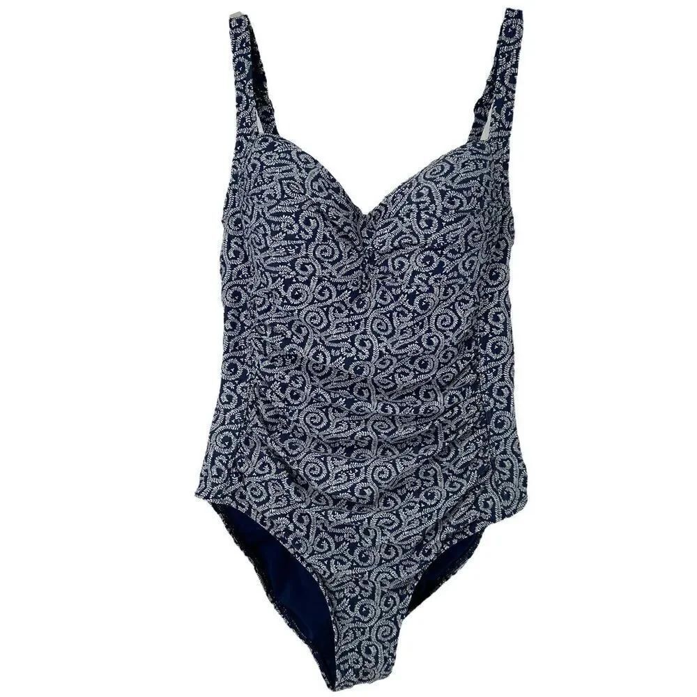 Nip Tuck Swimsuit One Piece Size 6 Slimming Ruched Navy Blue Vine Swirl Classic